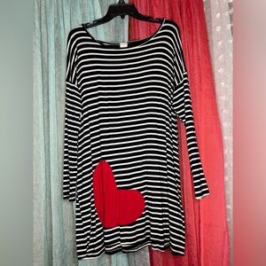 Hershe Black and White Striped Top with Red Heart